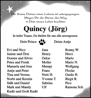 Traueranzeige von Quincy Jörg von Ostsee-Zeitung