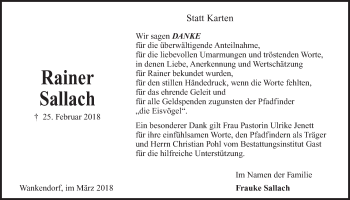Traueranzeige von Rainer Sallach von Kieler Nachrichten