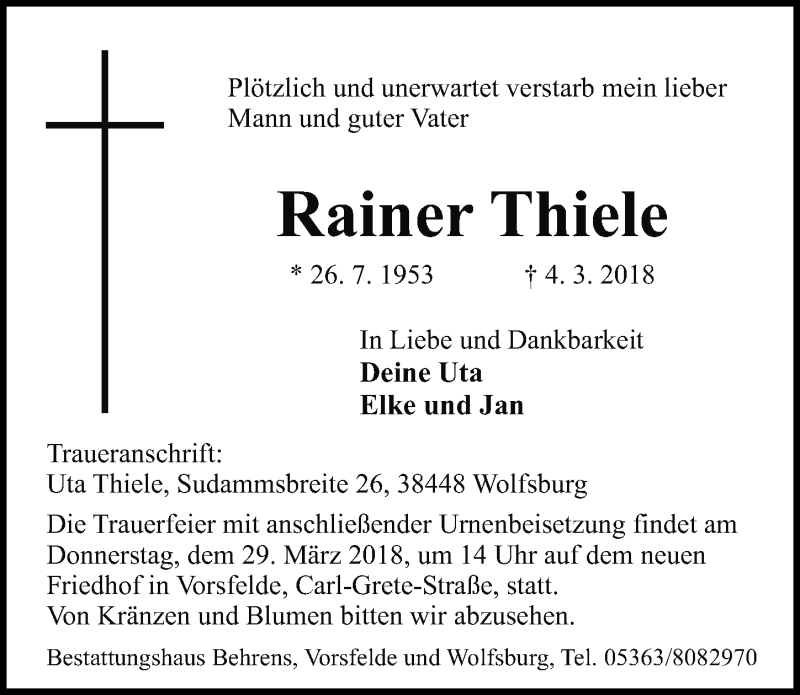  Traueranzeige für Rainer Thiele vom 14.03.2018 aus Aller Zeitung