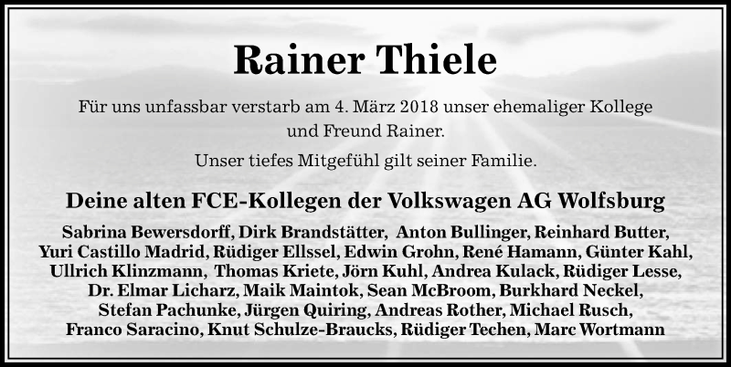  Traueranzeige für Rainer Thiele vom 29.03.2018 aus Aller Zeitung