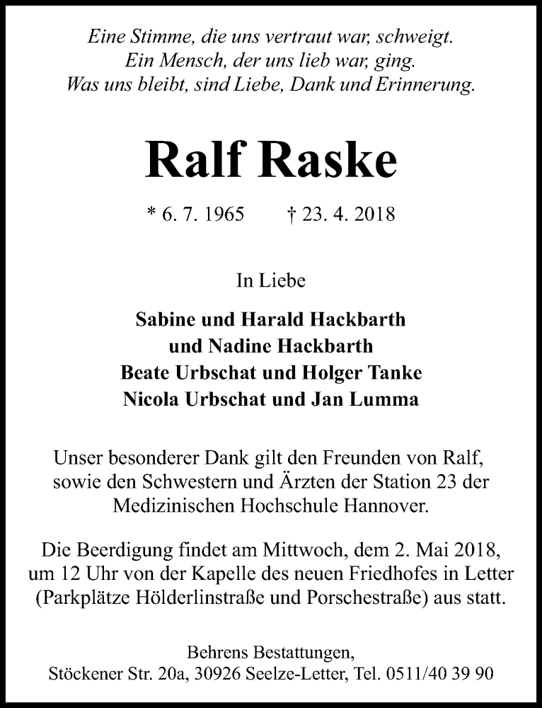  Traueranzeige für Ralf Raske vom 28.04.2018 aus Hannoversche Allgemeine Zeitung/Neue Presse