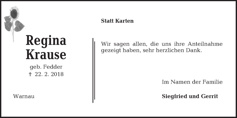  Traueranzeige für Regina Krause vom 10.03.2018 aus Kieler Nachrichten