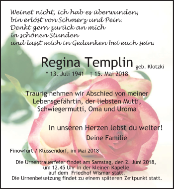 Traueranzeige von Regina Templin von Ostsee-Zeitung GmbH