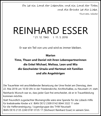 Traueranzeige von Reinhard Esser von Lübecker Nachrichten