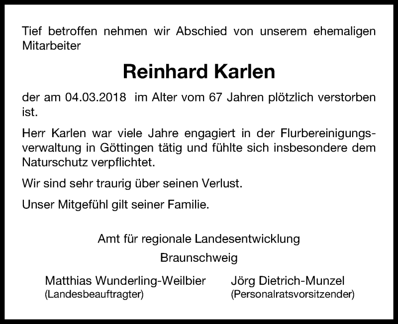  Traueranzeige für Reinhard Karlen vom 10.03.2018 aus Göttinger Tageblatt