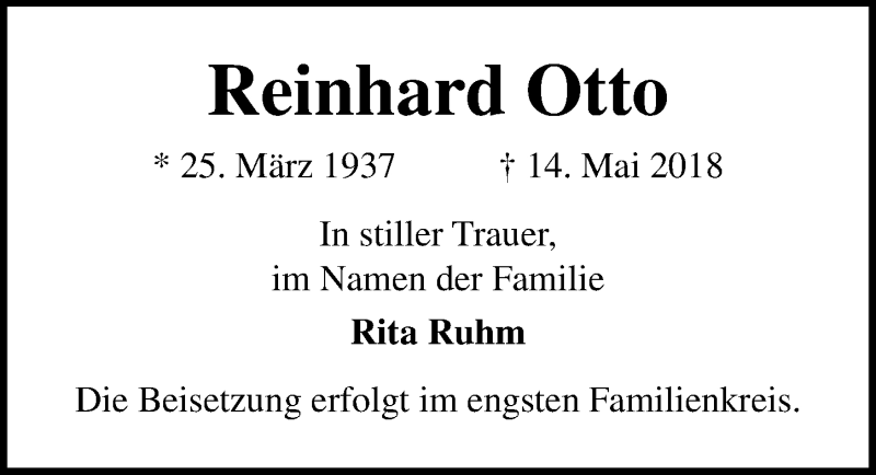  Traueranzeige für Reinhard Otto vom 20.05.2018 aus Lübecker Nachrichten