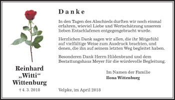 Traueranzeige von Reinhard Wittenburg von Aller Zeitung