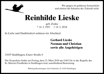 Traueranzeige von Reinhilde Lieske von Schaumburger Nachrichten