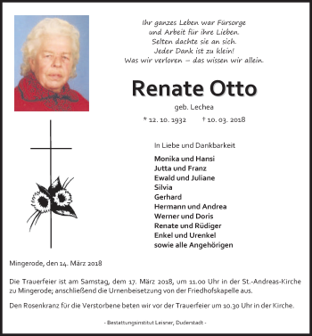 Traueranzeige von Renate Otto von Eichsfelder Tageblatt