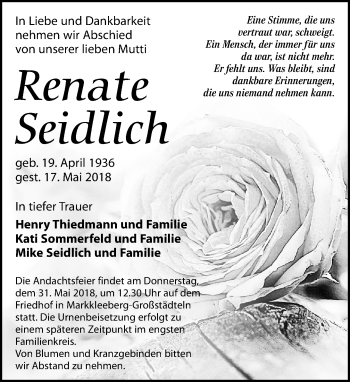 Traueranzeige von Renate Seidlich von Leipziger Volkszeitung