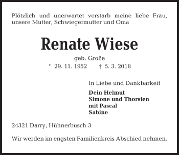 Traueranzeige von Renate Wiese von Kieler Nachrichten