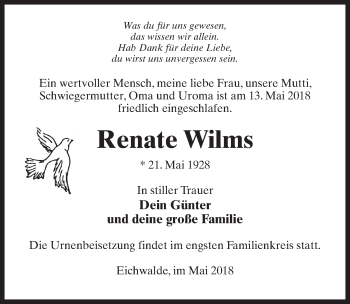 Traueranzeige von Renate Wilms von Märkischen Allgemeine Zeitung