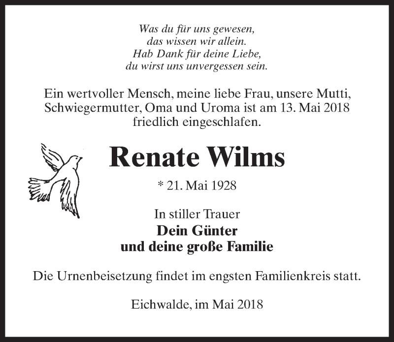  Traueranzeige für Renate Wilms vom 19.05.2018 aus Märkischen Allgemeine Zeitung