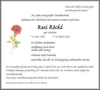 Traueranzeige von Resi Röckl von Göttinger Tageblatt