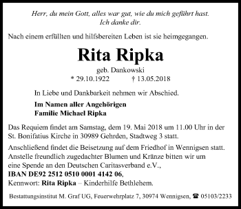 Traueranzeige von Rita Ripka von Hannoversche Allgemeine Zeitung/Neue Presse