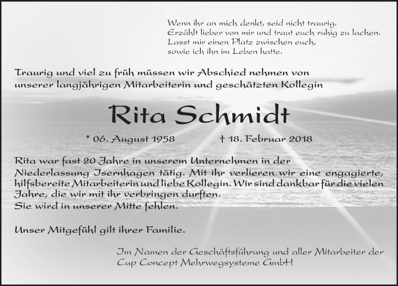  Traueranzeige für Rita Schmidt vom 03.03.2018 aus Hannoversche Allgemeine Zeitung/Neue Presse