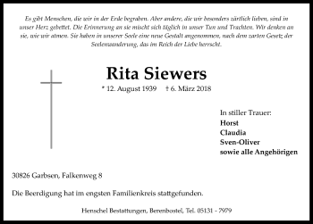 Traueranzeige von Rita Siewers von Hannoversche Allgemeine Zeitung/Neue Presse