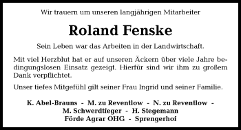 Traueranzeige von Roland Fenske von Kieler Nachrichten