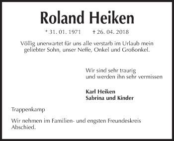 Traueranzeige von Roland Heiken von Kieler Nachrichten