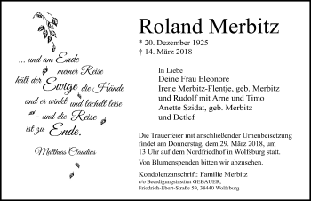 Traueranzeige von Roland Merbitz von Aller Zeitung