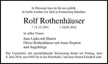 Traueranzeige von Rolf Rothenhäuser von Ostsee-Zeitung GmbH