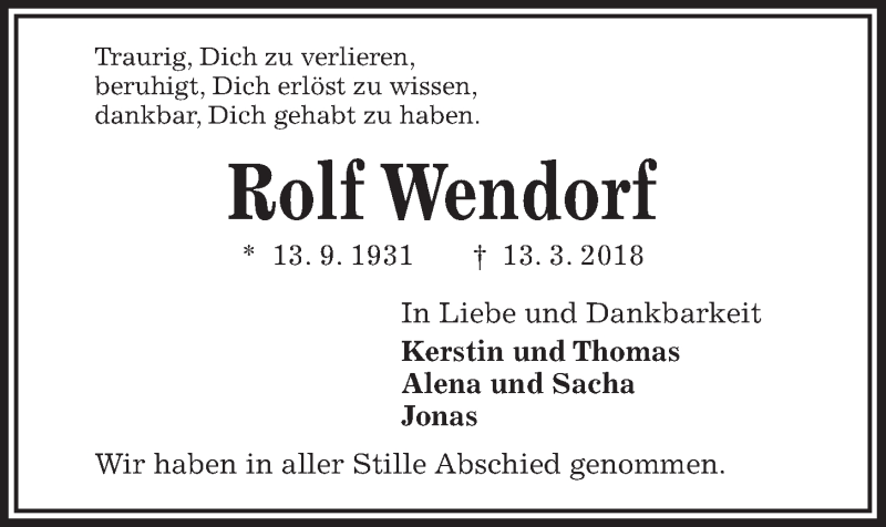  Traueranzeige für Rolf Wendorf vom 31.03.2018 aus Kieler Nachrichten