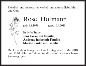 Traueranzeige von Rosel Hofmann von Märkischen Allgemeine Zeitung