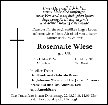 Traueranzeige von Rosemarie Wiese von Märkischen Allgemeine Zeitung