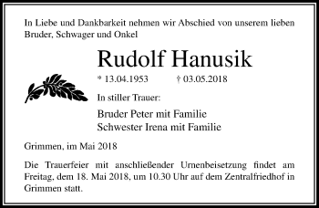 Traueranzeige von Rudolf Hanusik von Ostsee-Zeitung GmbH
