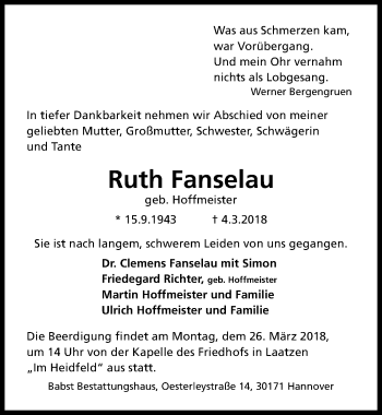 Traueranzeige von Ruth Fanselau von Hannoversche Allgemeine Zeitung/Neue Presse