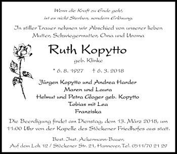 Traueranzeige von Ruth Kopytto von Hannoversche Allgemeine Zeitung/Neue Presse