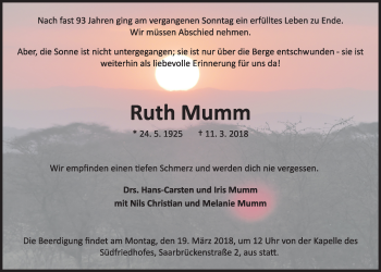 Traueranzeige von Ruth Mumm von Kieler Nachrichten