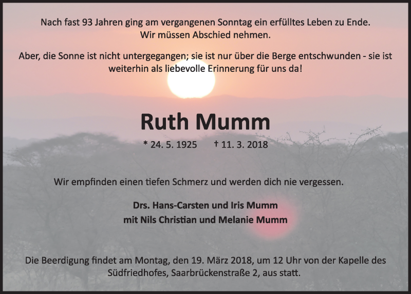  Traueranzeige für Ruth Mumm vom 15.03.2018 aus Kieler Nachrichten