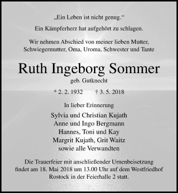 Traueranzeige von Ruth Ingeborg Sommer von Ostsee-Zeitung GmbH