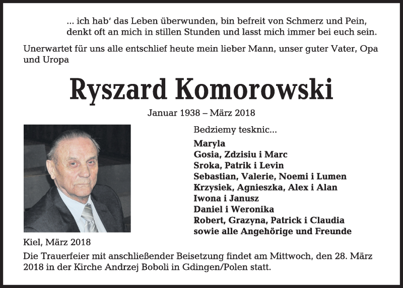  Traueranzeige für Ryszard Komorowski vom 24.03.2018 aus Kieler Nachrichten