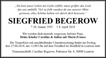 Traueranzeige von Siegfried Begerow von Hannoversche Allgemeine Zeitung/Neue Presse
