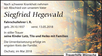 Traueranzeige von Siegfried Hegewald von Leipziger Volkszeitung