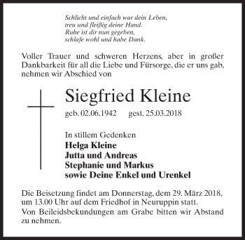 Traueranzeige von Siegfried Kleine von Märkischen Allgemeine Zeitung