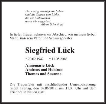 Traueranzeige von Siegfried Lück von Märkischen Allgemeine Zeitung