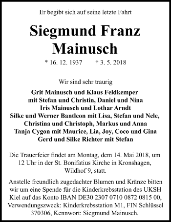 Traueranzeige von Siegmund Franz Mainusch von Kieler Nachrichten