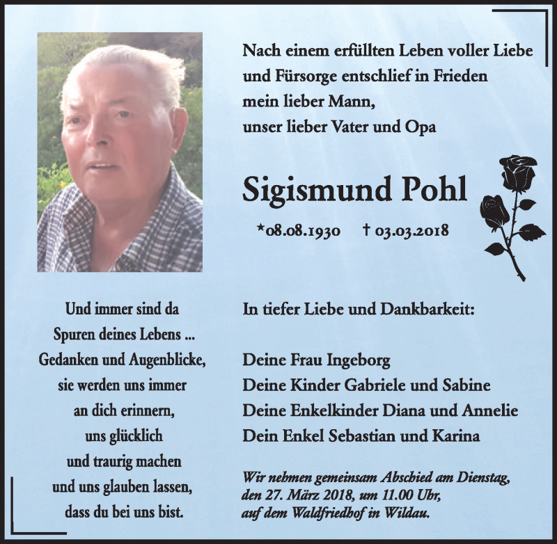  Traueranzeige für Sigismund Pohl vom 24.03.2018 aus Märkischen Allgemeine Zeitung