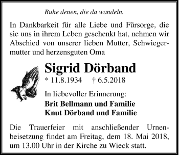 Traueranzeige von Sigrid Dörband von Ostsee-Zeitung GmbH