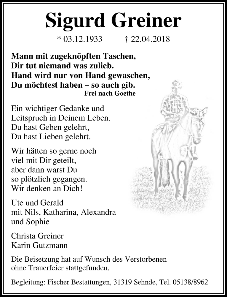  Traueranzeige für Sigurd Greiner vom 19.05.2018 aus Hannoversche Allgemeine Zeitung/Neue Presse