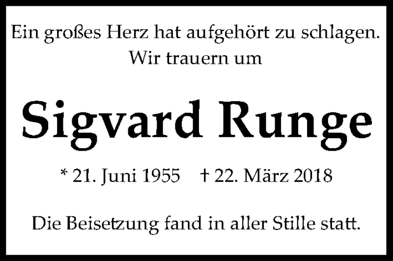  Traueranzeige für Sigvard Runge vom 07.04.2018 aus Hannoversche Allgemeine Zeitung/Neue Presse