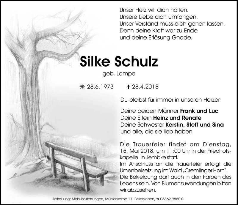  Traueranzeige für Silke Schulz vom 04.05.2018 aus Aller Zeitung