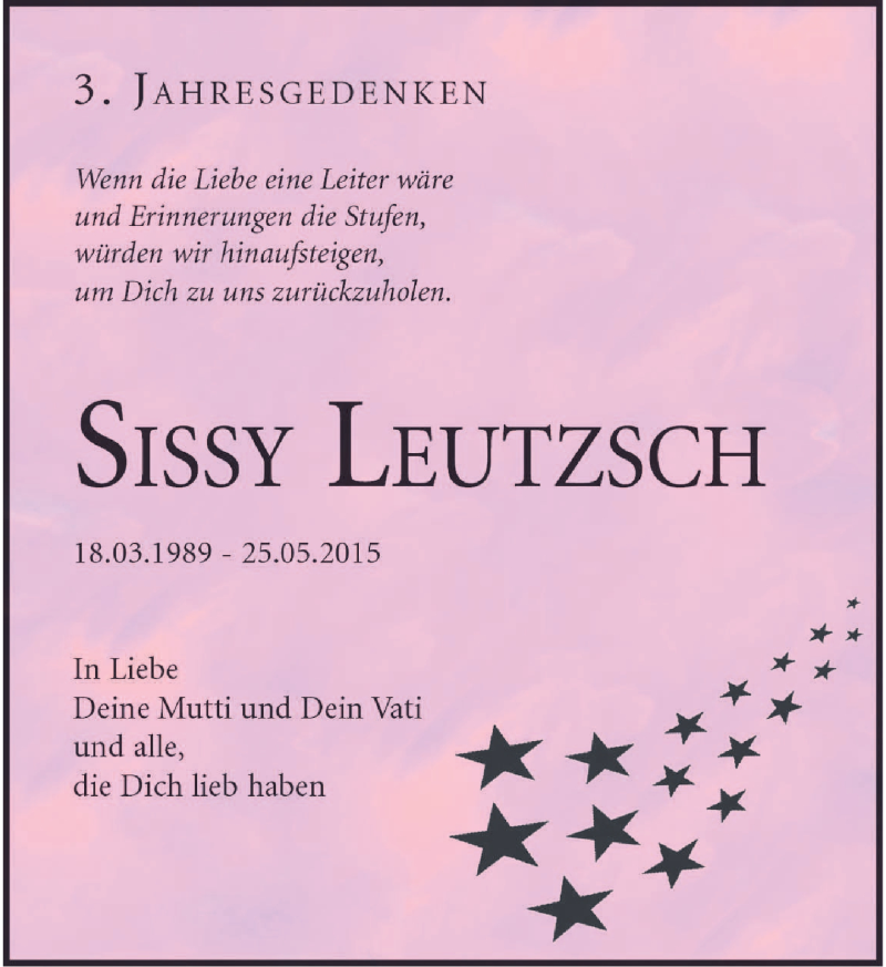  Traueranzeige für Sissy Leutzsch vom 26.05.2018 aus Leipziger Volkszeitung