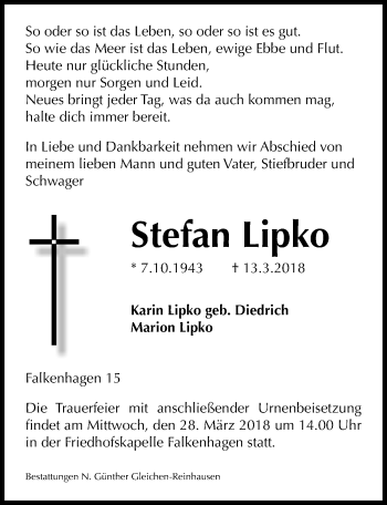 Traueranzeige von Stefan Lipko von Göttinger Tageblatt