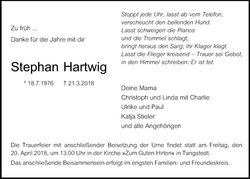  Traueranzeige für Stephan Hartwig vom 11.04.2018 aus Kieler Nachrichten