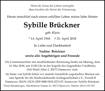 Traueranzeige von Sybille Brückner von Hannoversche Allgemeine Zeitung/Neue Presse