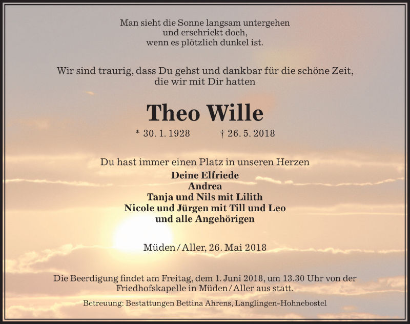  Traueranzeige für Theo Wille vom 29.05.2018 aus Aller Zeitung